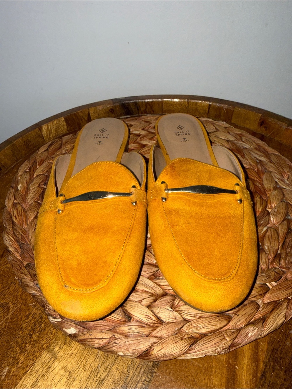 Call It Spring Mustard Yellow Vegan Suede Mule Loafers Gold Hardware